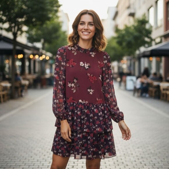 Dresses & Skirts - Eliza J Burgundy Floral Long Sleeve Tiered Dress Size 4